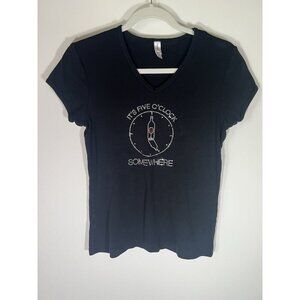 Vintage Y2K black v-neck tshirt It's 5 O'Clock Somewhere rhinestones retro sz L